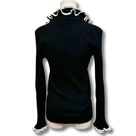 Belldini Black & White Ruffle Rhinestone Zip Front Sweater - NYE Top - Size S - Picture 2 of 6